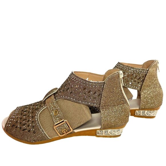 Zapatos De Mujer Gold Glitter Rhinestone Peep Toe Buckle Flat Wedge Sandals US 9 - Picture 2 of 9